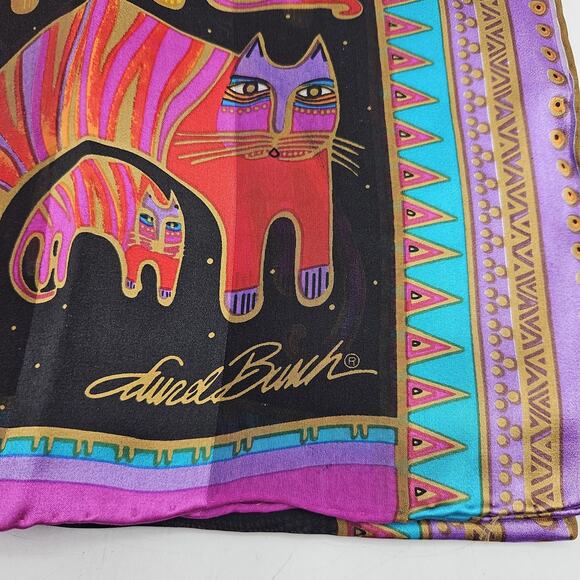 Laurel Burch Scarf Womens One Size Black Multicolor Silk Cats Oblong Whimsical - Picture 2 of 7
